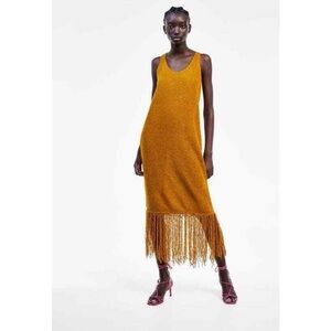 ZARA Gold Yellow Woven Sleeveless Maxi Fringe Hem Dress Scoop Neck.